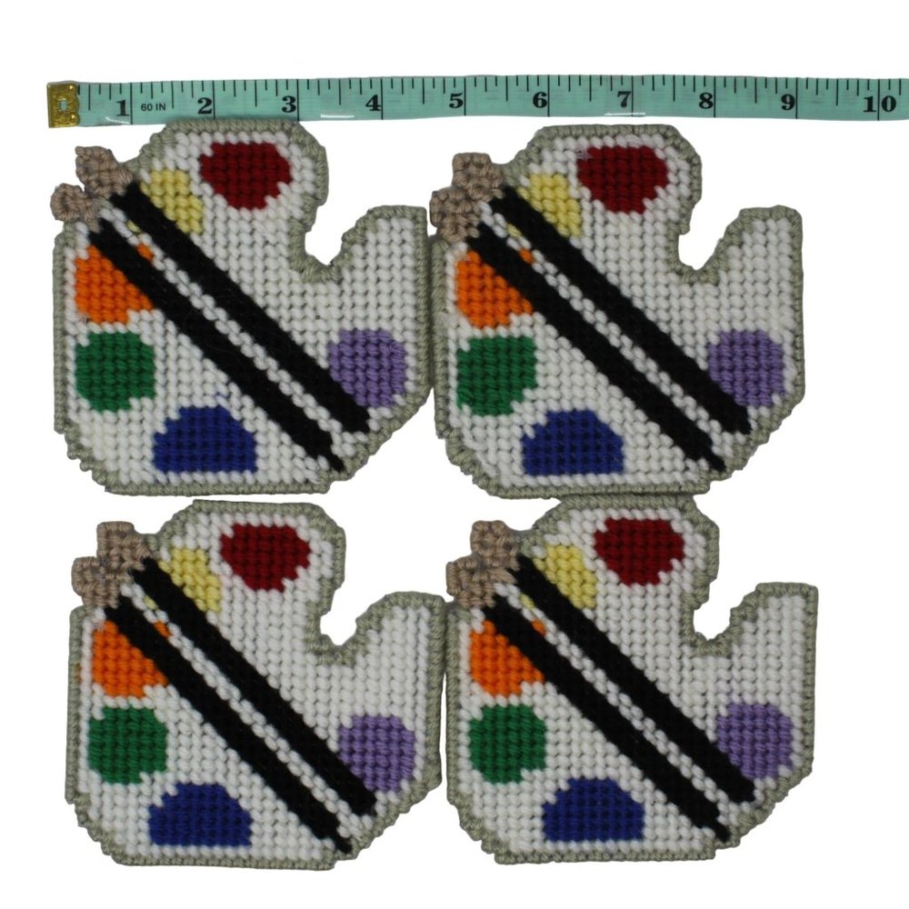 Handmade Artist Color Palette Stitched Yarn Needlepoint Plastic Canvas Coasters - Picture 3 of 3